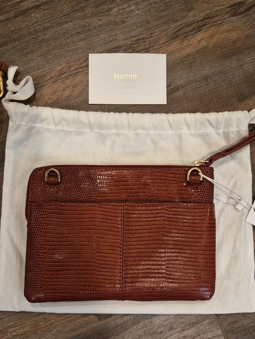 Hammitt Nash Redwood Lizard Leather Brushed Gold Clutch Wristlet Crossbody Bag